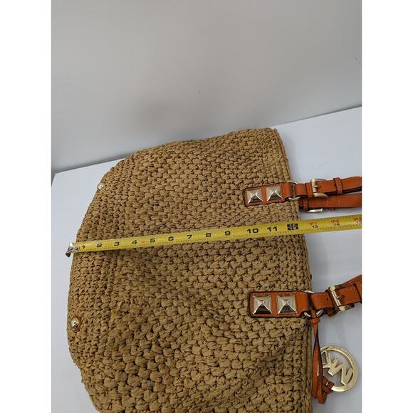 Michael Kors Santorini Large Straw Basket Tote Beach Bag Orange Leather Trim - Picture 5 of 10